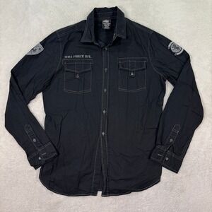 MMA Elite Black Long Sleeve Button Up Shirt Men's Medium Cotton Grunge Patches